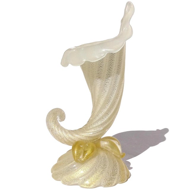 Murano Vintage Seguso Murano 1950s Gold Flecks Opal White Italian Art Glass Sculptural Cornucopia Flower Vase For Sale - Image 4 of 9