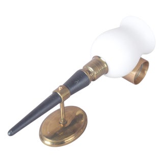 Black Lacquered Horn-Form Wall Lamp with Brass Mount and Opaline Glass Shade, 1950s For Sale