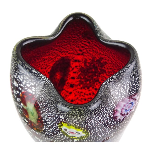 Vintage Murano AVeM Red Millefiori Flowers Murrine Silver Flecks Italian Art Glass Pinched Rim Flower Vase For Sale In Orlando - Image 6 of 12