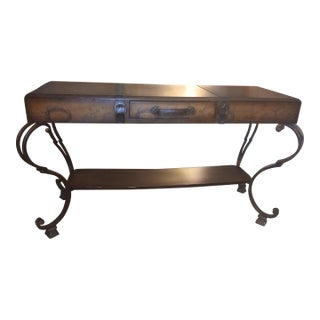 World Map Suitcase Console Table Leather Straps & Buckles, Wrought Iron Base For Sale