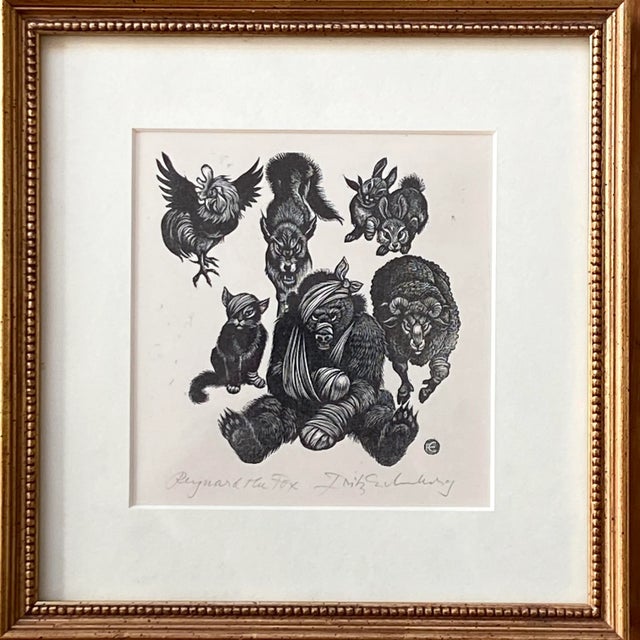 Mid 20th Century "Reynard the Fox" Wood Engraving Edition of 25 by Fritz Eichenberg, Framed For Sale