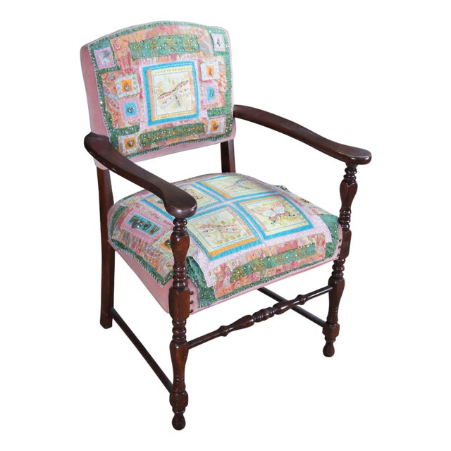 Antique Mahogany Quilted Velvet Butterfly Dragonfly Charm Armchair For Sale