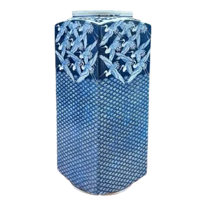 Vintage Japanese Blue & White Flying Cranes Rectangular Porcelain Vase - 12” Tall
