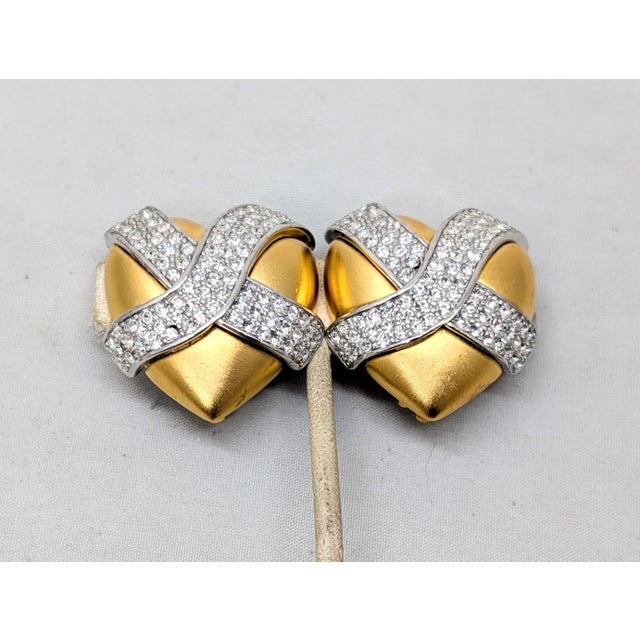 Modern Vintage 1980s Signed Givenchy Goldtone Pavé Clear Rhinestone X Heart Clip Earrings-2 Pieces For Sale - Image 3 of 8
