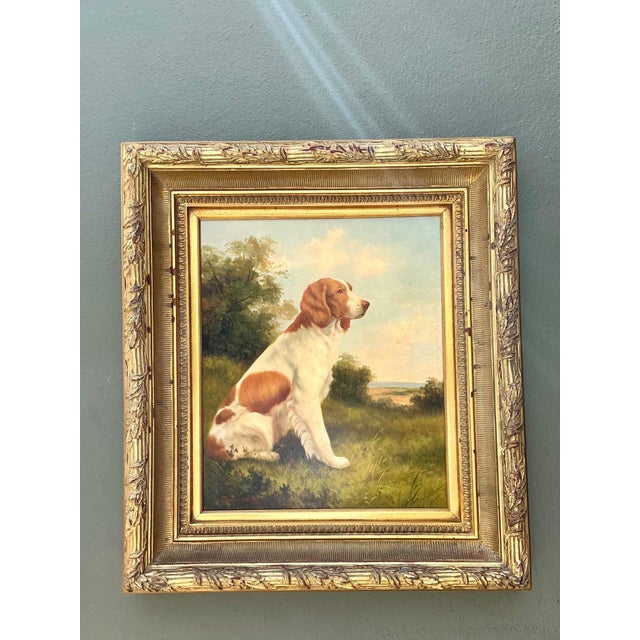 Green Vintage Landscape Oil Painting With Dog For Sale - Image 8 of 14