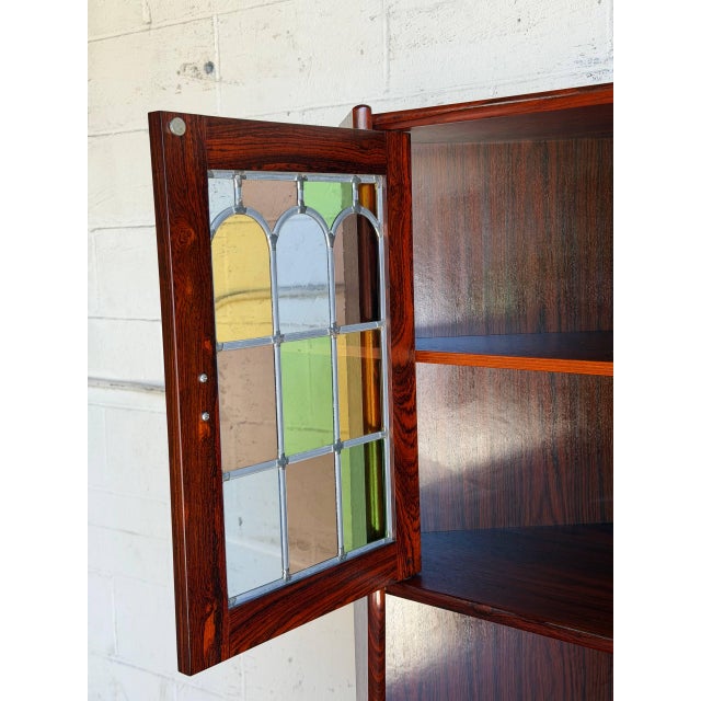 Wood Rosewood Corner Cabinet With Stained Glass Storage Hutch Danish Mid-Century Modern 1960s For Sale - Image 7 of 12