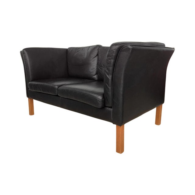 Vintage mid-century Danish modern two-seater box sofa in supple black leather manufactured by Hurup Mobelfabrik, Denmark....