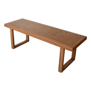 Mid Century Modern Square Pattern Inlay Wood Bench For Sale