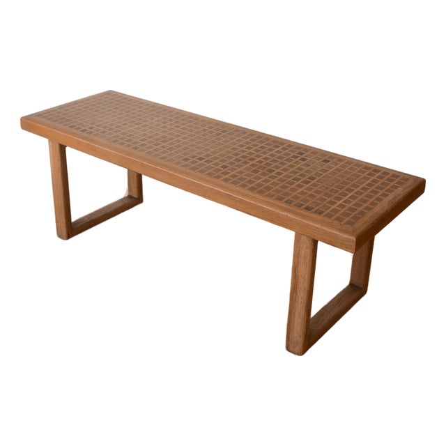 Mid Century Modern Square Pattern Inlay Wood Bench For Sale