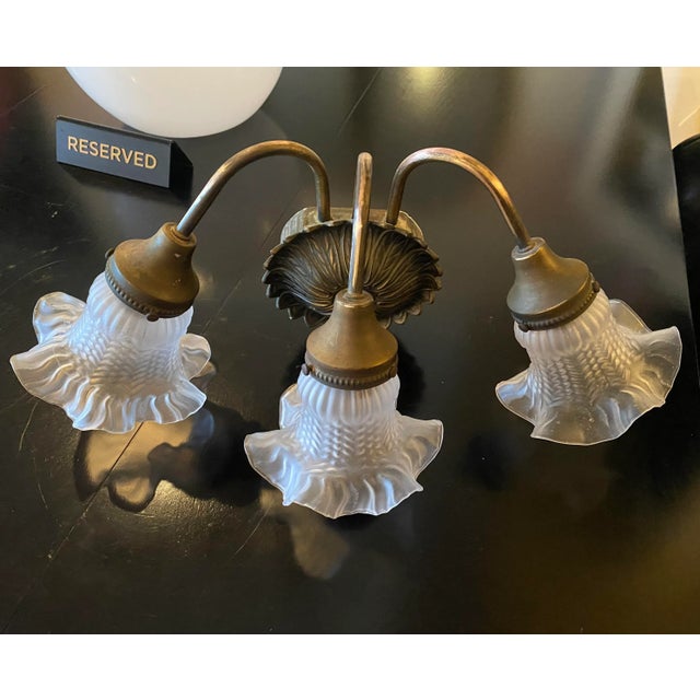 Brass Vintage Cottage Shabby Chic Brass Three Light Wall Sconce With Flower Petal Base For Sale - Image 8 of 8