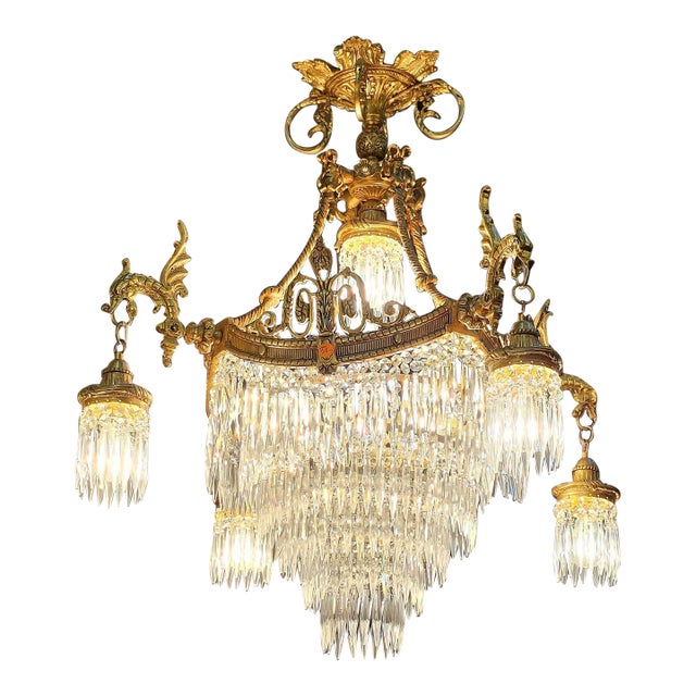 Empire Crystal Chandelier With Gilded Bronze Details – Luxury Antique Style Ceiling Light For Sale