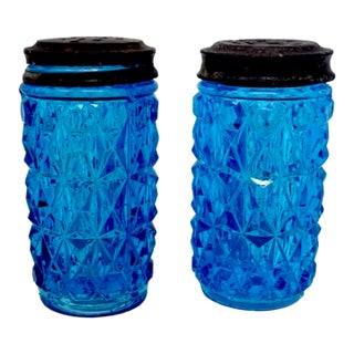 Vintage Eapg Blue Glass Salt & Pepper Shakers - Diamond Point For Sale