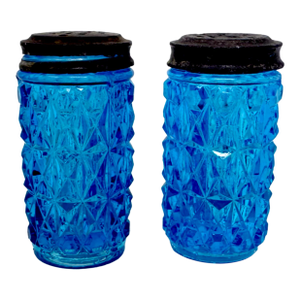 Vintage Eapg Blue Glass Salt & Pepper Shakers - Diamond Point