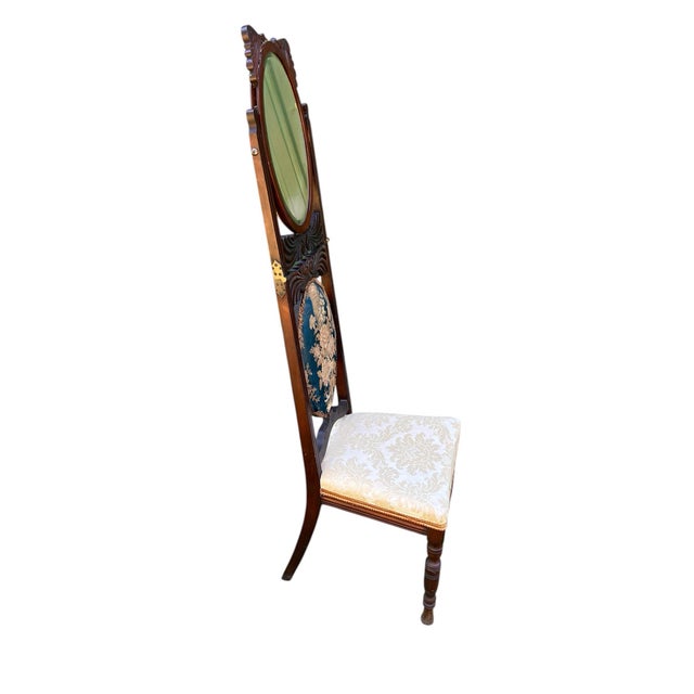 Brown Mid-19th Century Dressing Chair With Convertible Mirror Seatback in Off-White Jacquard Fabric For Sale - Image 8 of 12