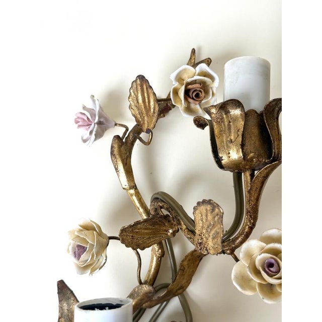 Vintage Italian Mirrored Gilt Metal and Porcelain Rose Sconces, 1940s, Set of 2 For Sale - Image 14 of 18