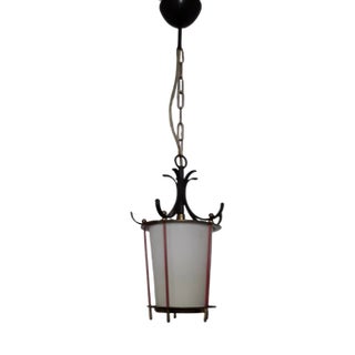 Mid-Century Ceiling Lamp with Black Painted Metal Mount, Red Trim Rods, Brass Finials & White Opaque Glass, 1950s For Sale