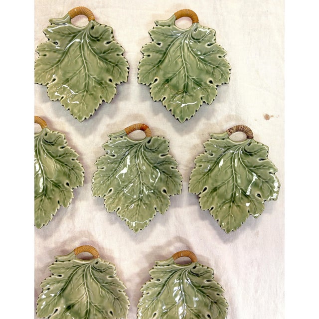 Vintage Majolica Ceramic Leaf Plates With Cane Wrapped Handles- Set of 10 For Sale - Image 9 of 18