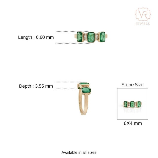 Natural Zambian Emerald Three Stone Ring With Diamond Accents in 14k Gold Size 4 For Sale - Image 11 of 15