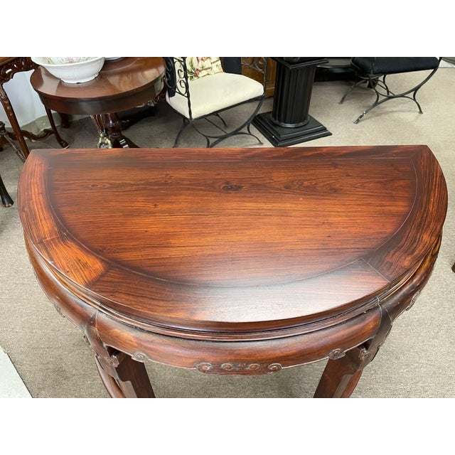 Late 20th Century Vintage Solid Rosewood Semicircle Console Table, Half Round, Carved Edges For Sale - Image 5 of 7