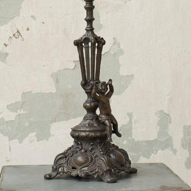 Antique Candleholder in Cast Spelter with Putto, Late 19th Century For Sale - Image 9 of 11