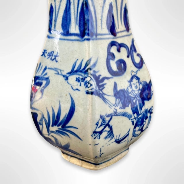 Antique Chinese Blue & White Ceramic Hexagon Vase For Sale In San Diego - Image 6 of 8