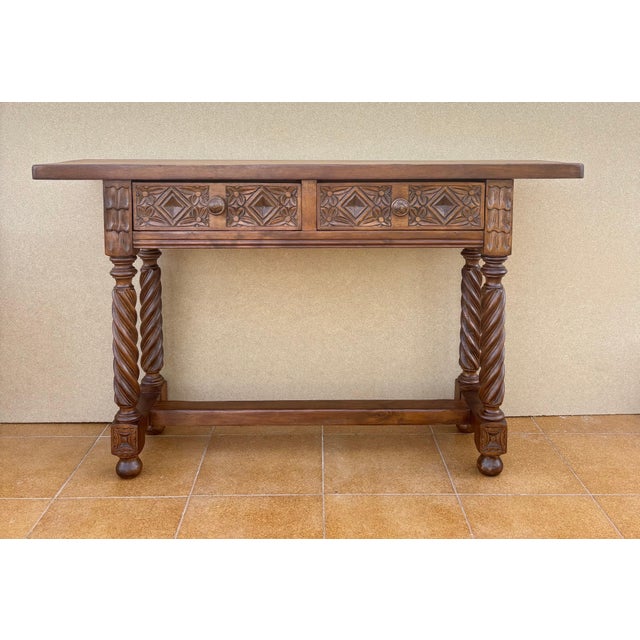 Brown Spanish Carved Console Table with Barley Twist Legs and Two Drawers, 1930s For Sale - Image 8 of 12