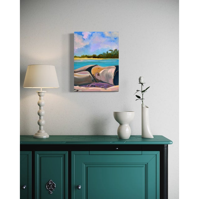 "La Dolce Vita" by Javiera Da Fonseca Ilić, California Tropical Beach Scene, Dreamy Figurative Coastal Painting, Original Oil Painting For Sale - Image 4 of 7
