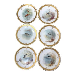 Set of 6 Antique 1800's Hand Painted Limoges Tressemanes & Vogt Porcelain Fish Plates For Sale