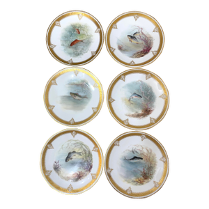 Set of 6 Antique 1800's Hand Painted Limoges Tressemanes & Vogt Porcelain Fish Plates