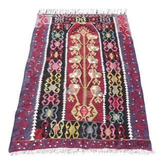 Mid 20th Century Small Floral Style Boho Turkish Handmade Kilim Area Rug For Sale