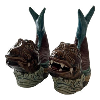 Vintage Pair of Chinese Porcelain Statues of Koi Dragon Carp Dragon Fish Figurines. 10"h & 9.5"h For Sale