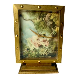 Vintage Brass Boudoir Desk Clock With “The Swing” Art Print Face Working Condition For Sale