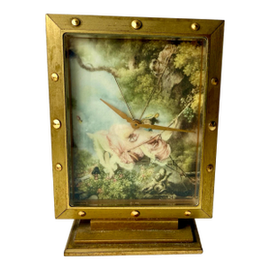 Vintage Brass Boudoir Desk Clock With “The Swing” Art Print Face Working Condition