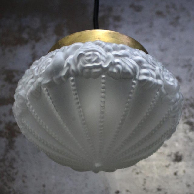 Vintage Industrial Frosted Glass and Brass Pendant Lamp For Sale - Image 6 of 9