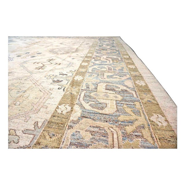21st Century Turkish Oushak Wool 13x18 Tan, Blue & Ivory Handmade Oversized Area Rug #1144135 For Sale - Image 15 of 17