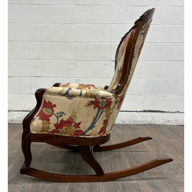 Antique Victorian Style Walnut Balloon Back Floral Upholstered Rocking Chair For Sale - Image 10 of 10
