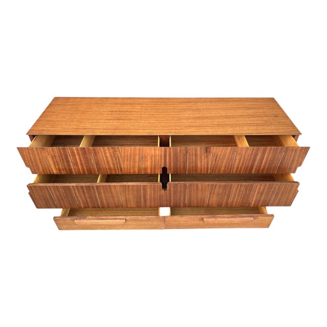 Mid-Century Modern Walnut Dresser With Sculpted Integrated Pulls and Splayed Legs” For Sale - Image 11 of 15