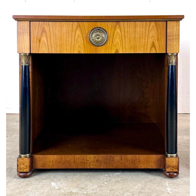 A Pair of Baker Furniture French Empire Neoclassical Cherry, Brass & Ebonized Wood Nightstands, Circa 1960s For Sale - Image 12 of 12