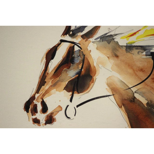 Vivid watercolour by Lucien P? depicting a French racehorse charging down the stretch! Art: 15" x 11" Frame: 18 1/2" x 14...