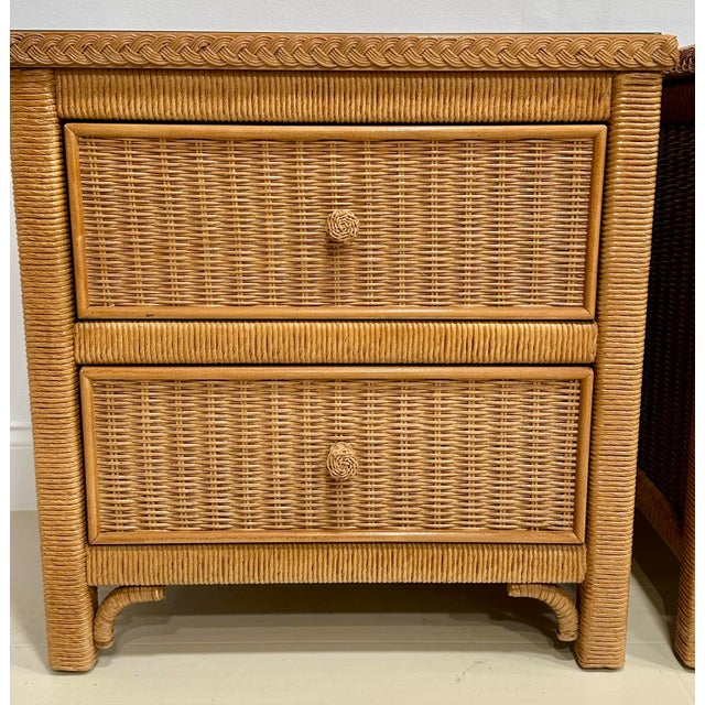 Henry Link 1980s Pair of Henry Link for Lexington Rattan Nightstands With Woven Wicker Panels – British Colonial Style For Sale - Image 4 of 10