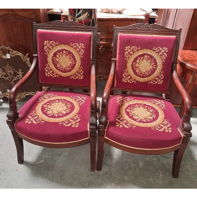 Empire Mahogany Armchairs in Petit Point, Set of 2 For Sale - Image 4 of 5