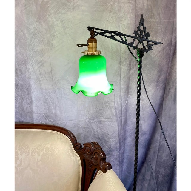 1940s Art Deco Bridge Arm Floor Lamp With Green Glass Tulip Shade For Sale - Image 9 of 9