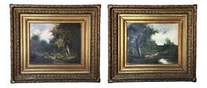 Edmund Pick-Morino, Animated Countryside Landscapes, 1920, Oil on Canvas Paintings, Set of 2