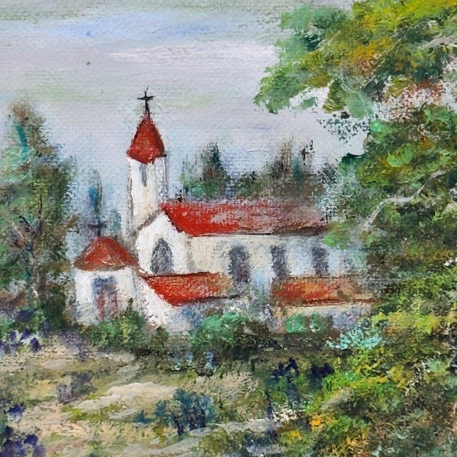 Realism Vintage Original Oil Painting European Village Landscape Cottage Hollyhocks For Sale - Image 3 of 14