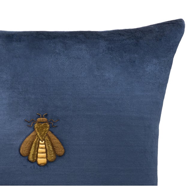 Contemporary Navy Bee Silk Velvet Embroidered Throw Pillow Cover, 20 X 20 For Sale - Image 3 of 5
