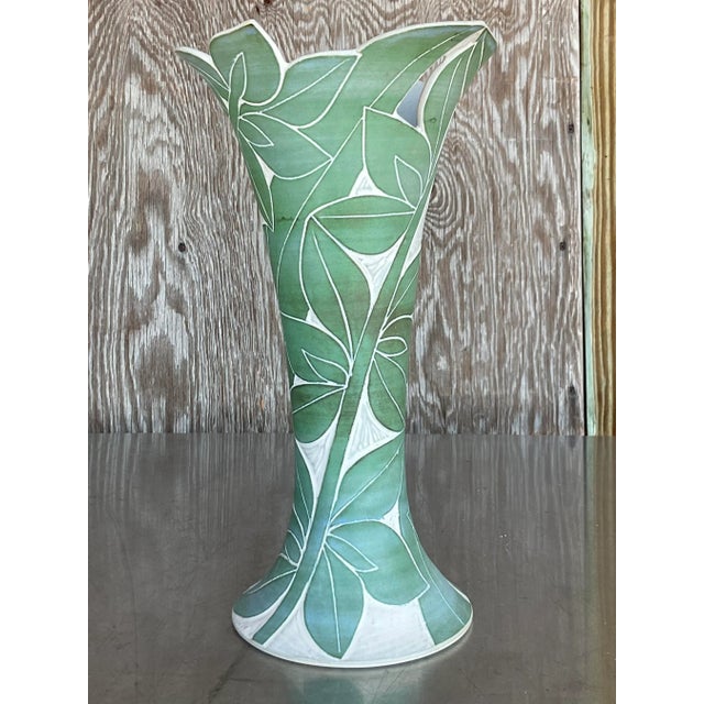 Coastal Vintage Palm Leaf Engraved Vase For Sale - Image 3 of 7