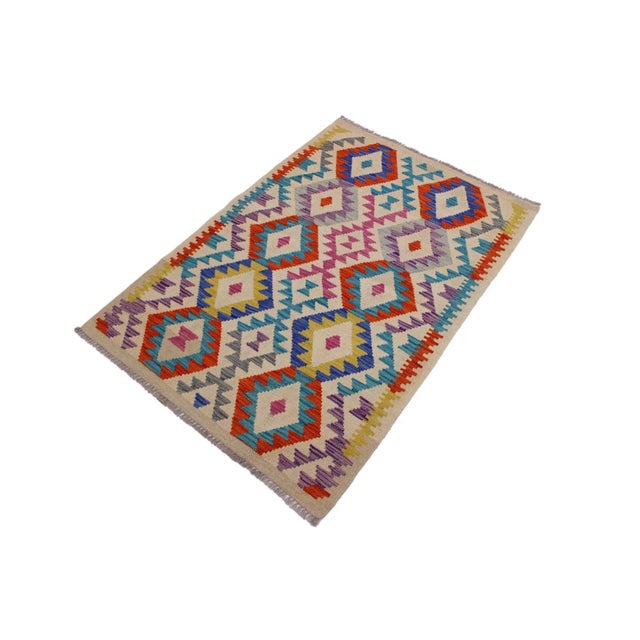 Tribal Caucasian Kilim Beige Blue Wool Rug - 3'2" X 4'9" For Sale - Image 3 of 7