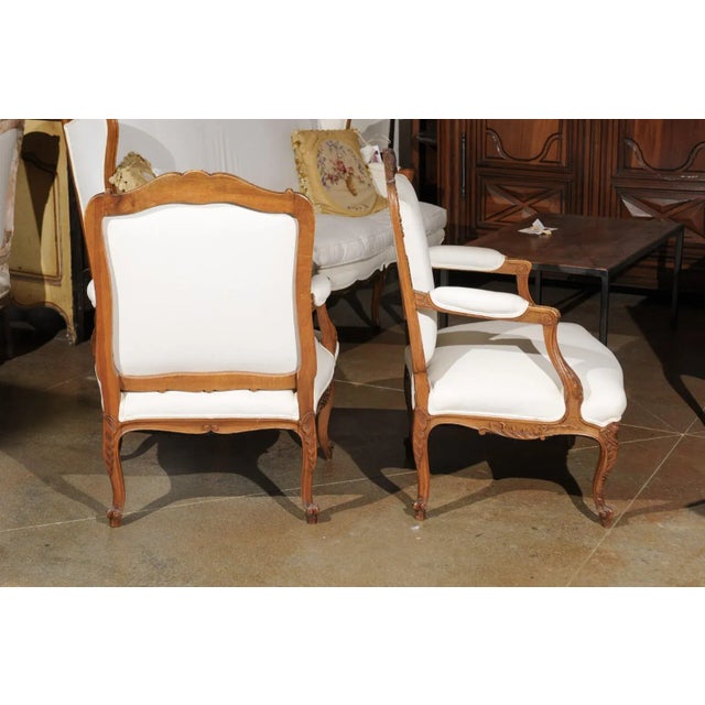 Italian 19th Century Rococo Style Carved Walnut Upholstered Armchairs - A Pair For Sale - Image 9 of 12
