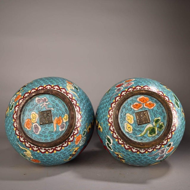 Late 20th Century Pair of Gilt Bronze Cloisonné Enamel Double-Gourd Vases With Shou Motif For Sale - Image 4 of 9
