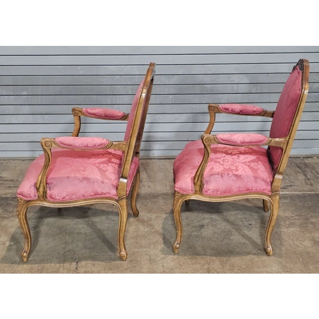 Pair of Late 20th Century Provincial French Country Walnut Carved Arm Chairs Rose Silk Damask Fabric For Sale - Image 10 of 13